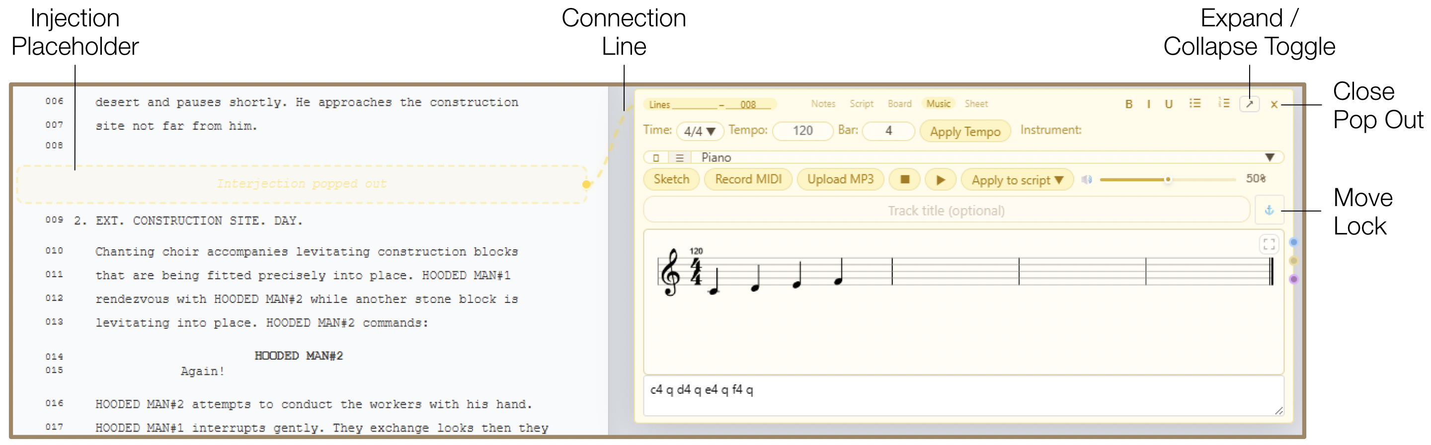 Music injection popped out with yellow dotted line connection to its script position